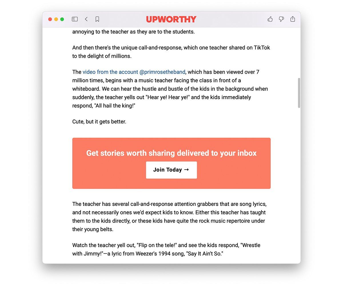 Upworthy's in-article join today call-to-action button