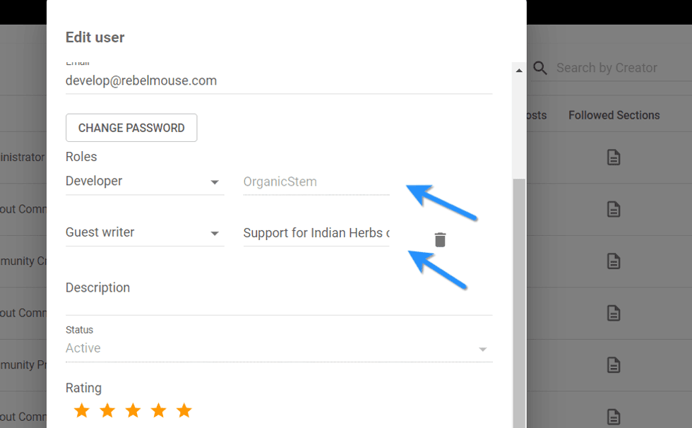 User edit screen showing roles, guest writer status, and rating.