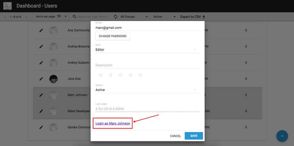 User management dashboard with "Login as Marc Johnson" option highlighted.