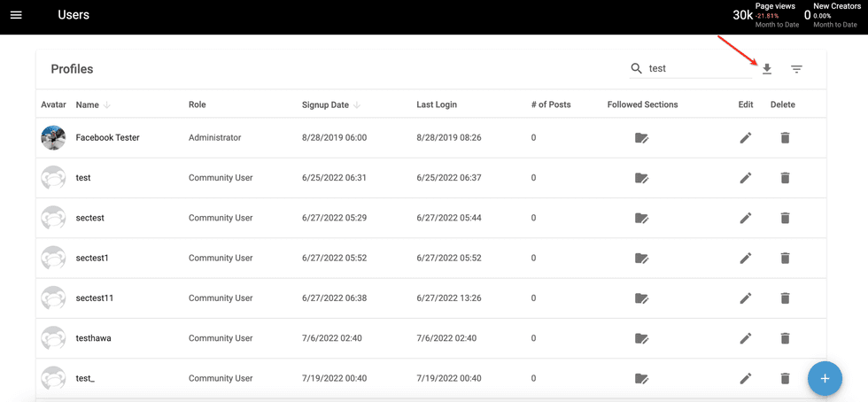 User profiles dashboard with search and download options.
