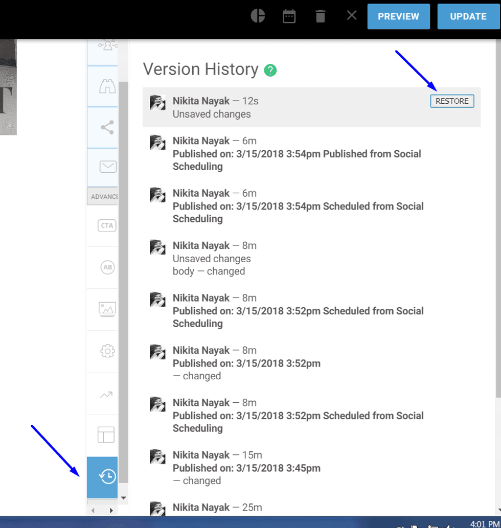 Version history panel showing changes and a "Restore" button highlighted with an arrow.