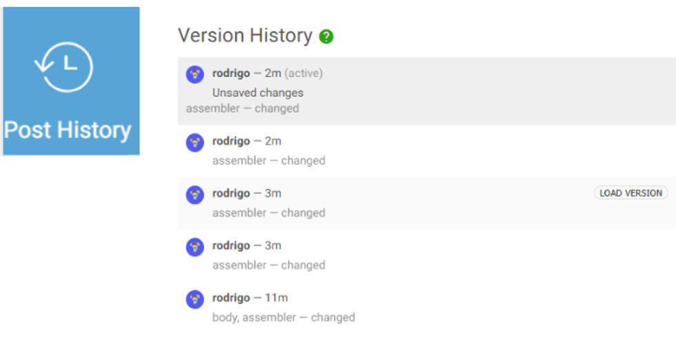 Version history showing recent changes by a user named Rodrigo with timestamps.