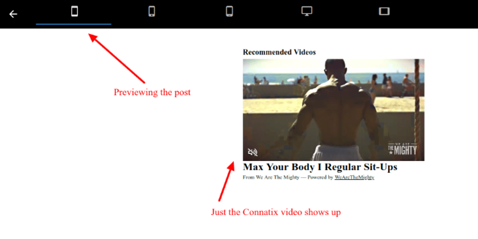Video preview screen with sit-ups video suggestion and annotation arrows.