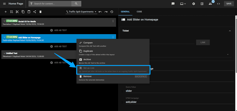 Web interface showing AB test options with "Set as Live" highlighted.