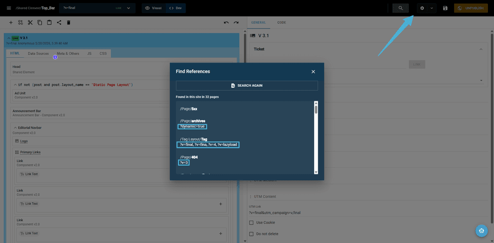 Web interface with a "Find References" popup displaying search results.