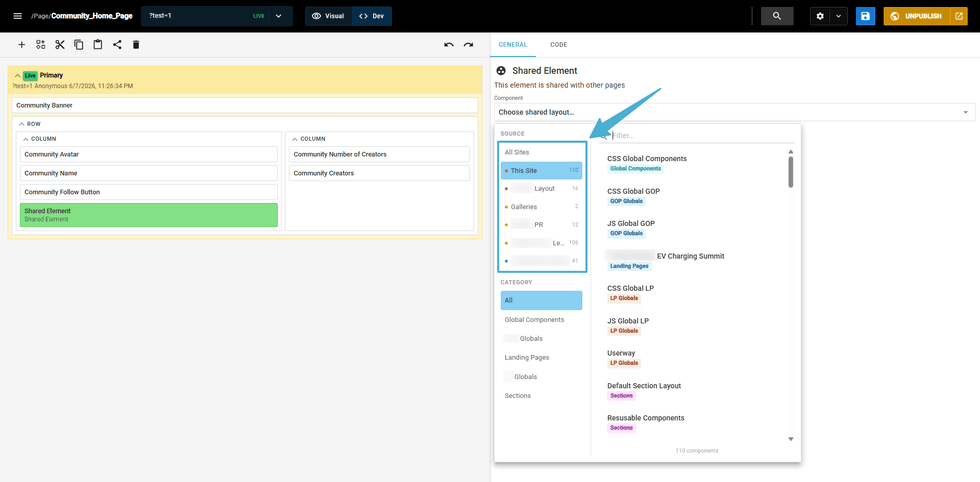 Web page editor interface with layout and shared element selection.