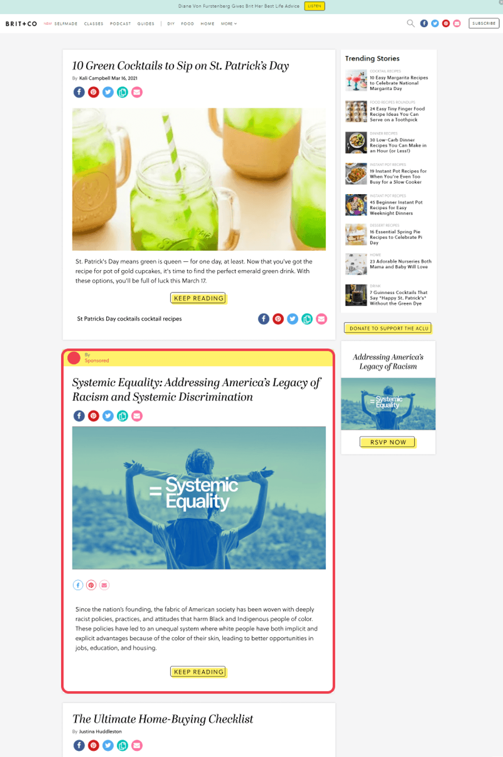 Webpage showing articles on green cocktails and systemic equality.