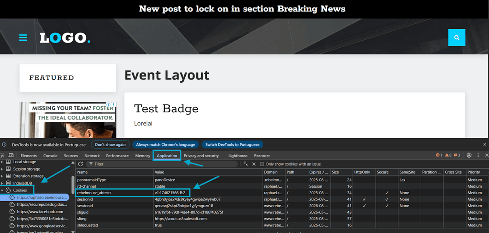 Webpage with DevTools open, showing cookies in Application tab.