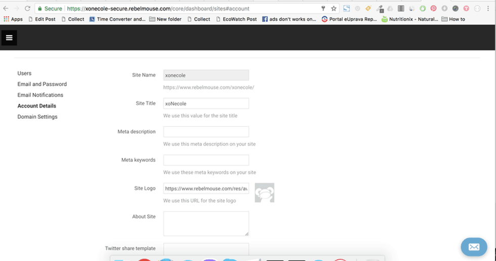 Website account settings page with fields for site name, title, and logo URL.