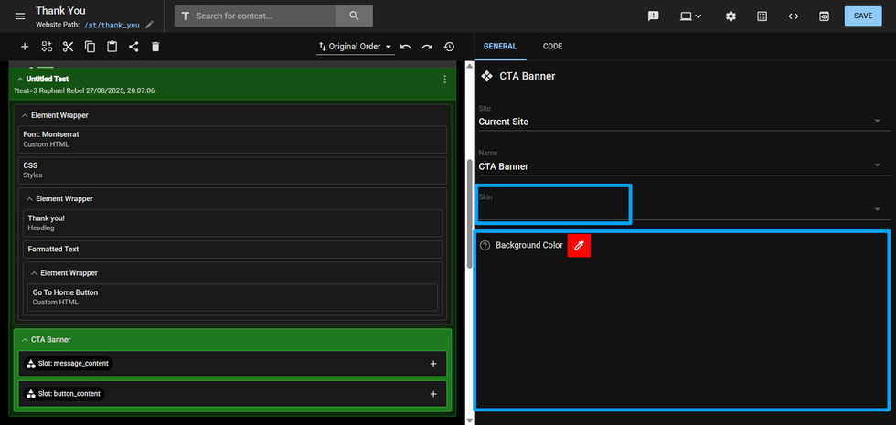 Website CMS editor showing an example page with Component CTA options.