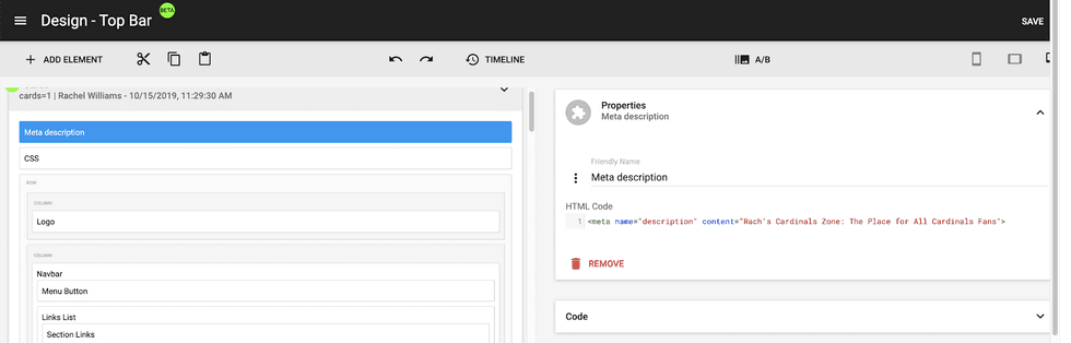 Website design interface showing meta description editing.