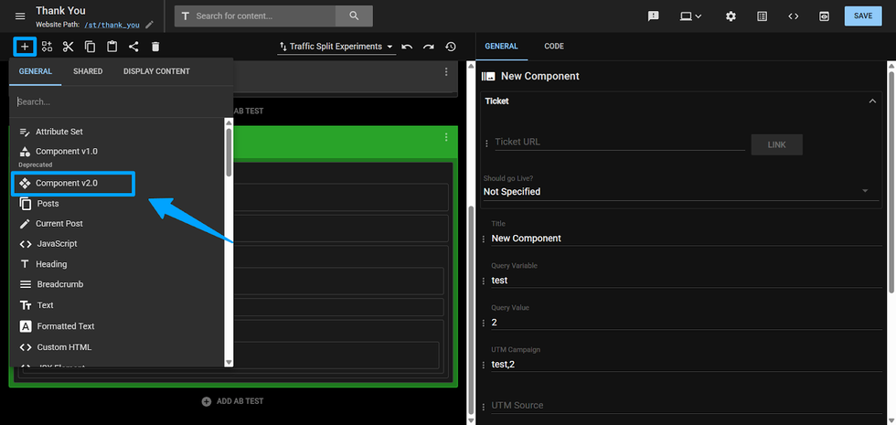 Website editor with "Component v2.0" highlighted in dropdown menu.