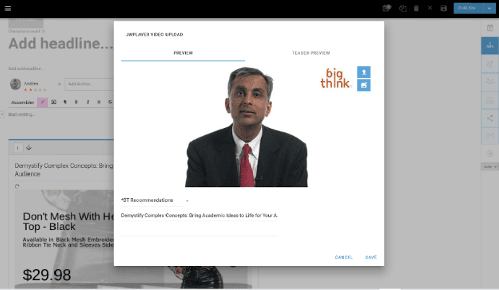Website interface showing a video upload with a man in a suit on "Big Think" preview.