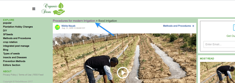 Website screenshot on flood irrigation, featuring a farmer in a field.