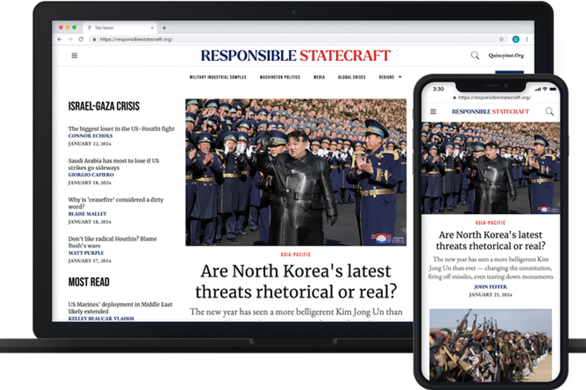 Website showing news about North Korea, viewed on laptop and smartphone screens.