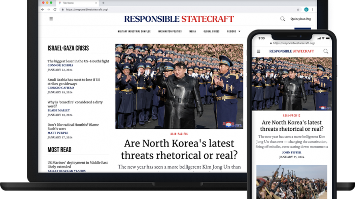Website showing news about North Korea, viewed on laptop and smartphone screens.