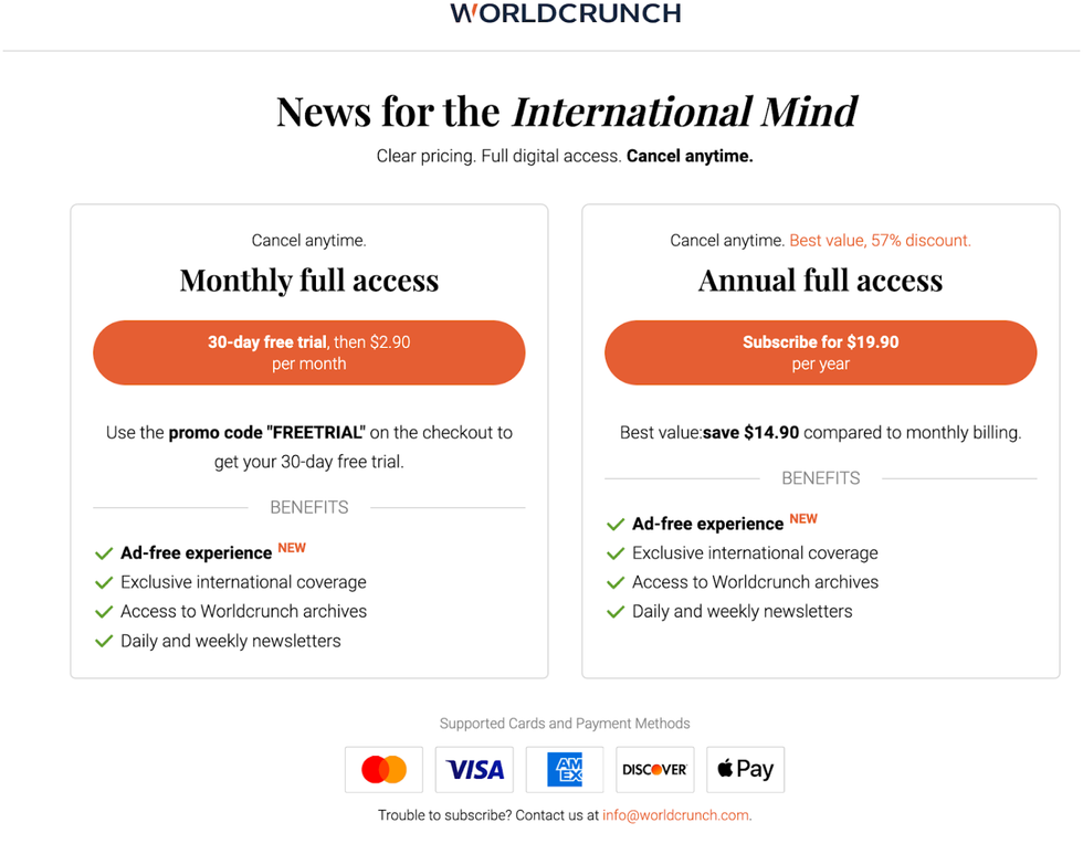 Worldcrunch subscription page outlining benefits for subscribers