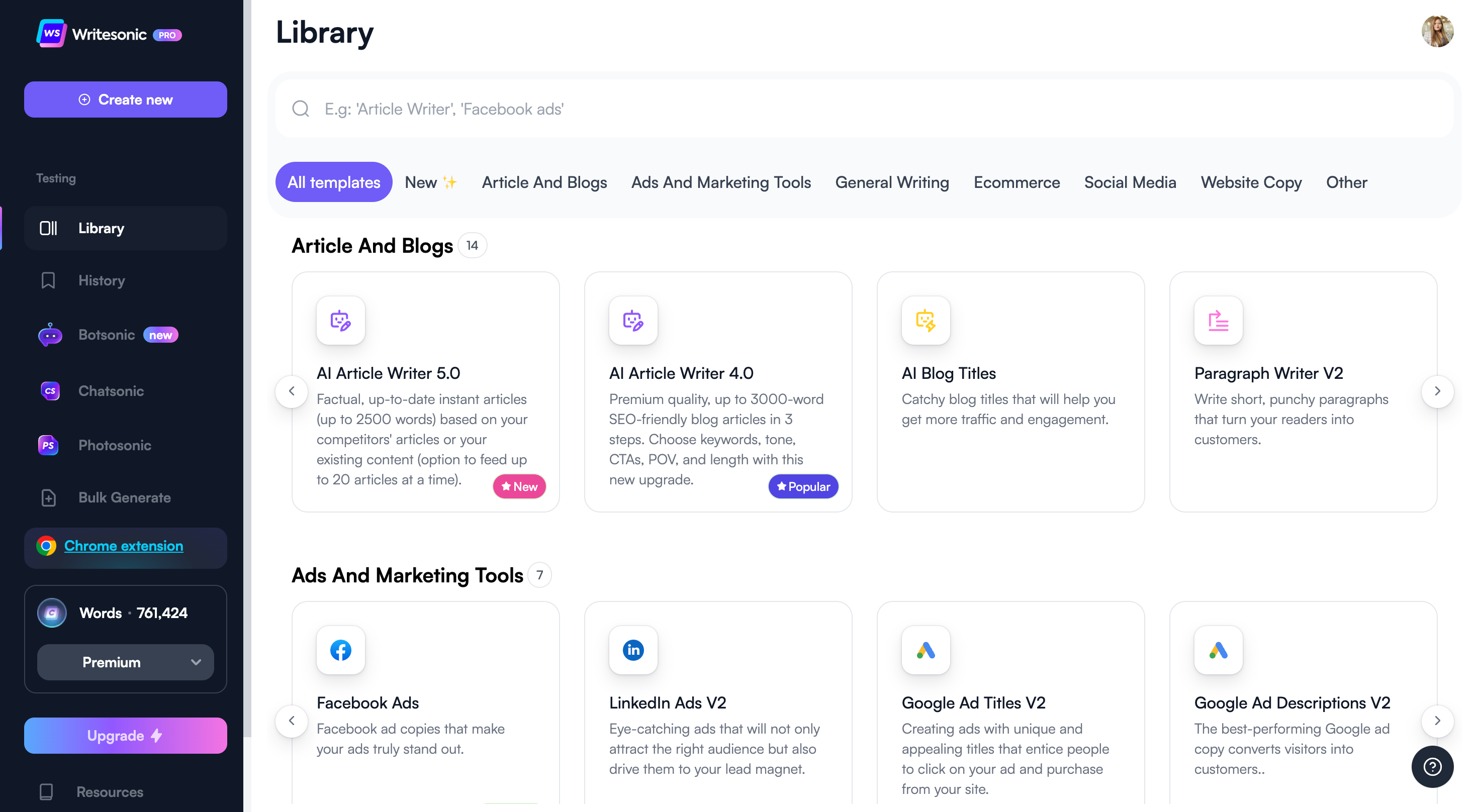 Writesonic AI interface