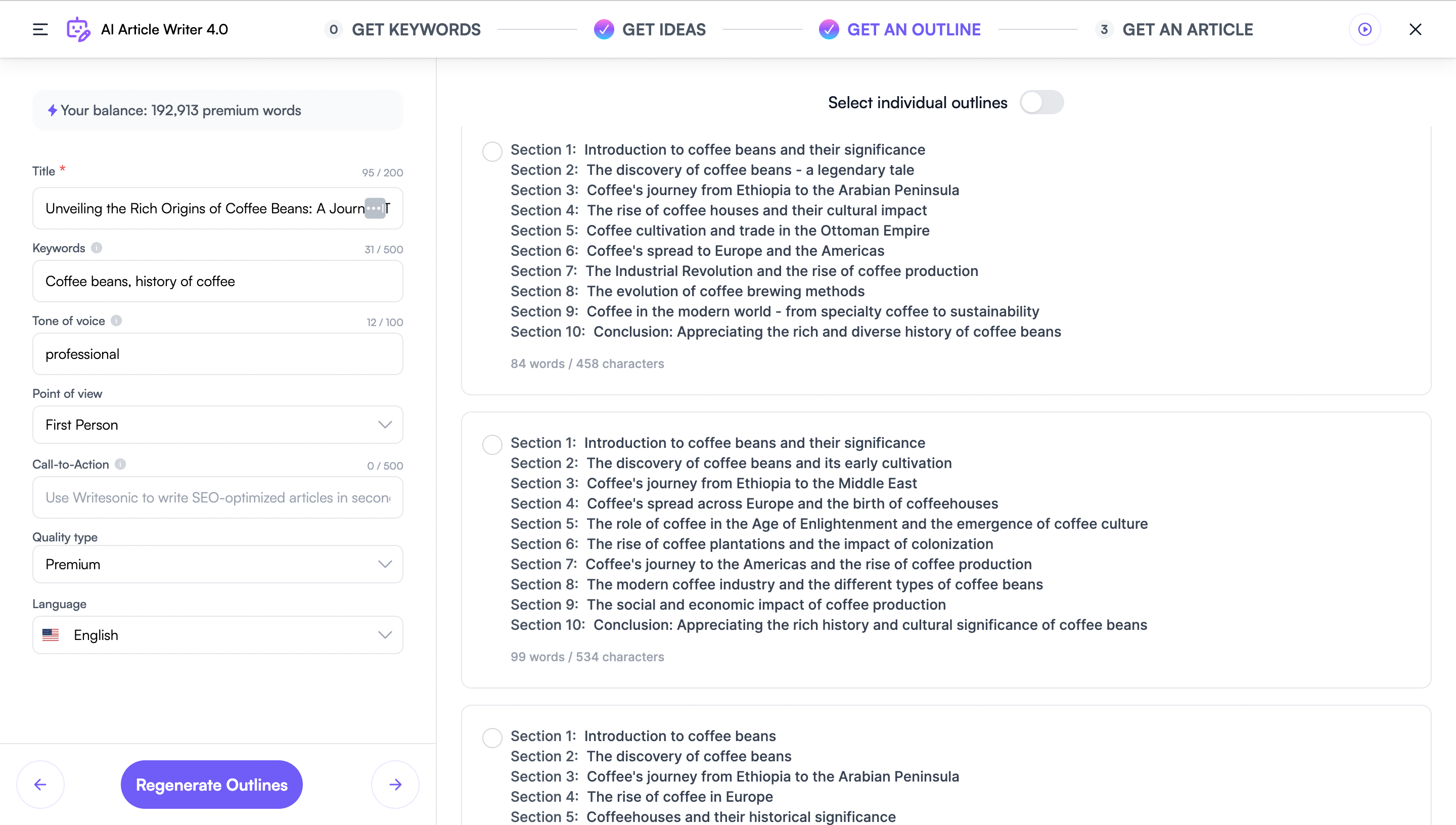 Writesonic AI platform outline generator
