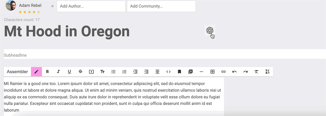 Writing interface with text "Mt Hood in Oregon" as headline.